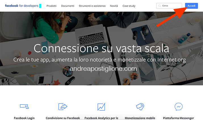 Accedi al sito Sviluppatori di Facebook