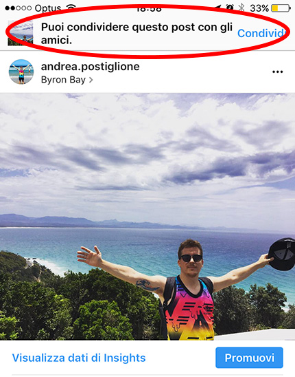 Avviso screenshot su profilo Instagram