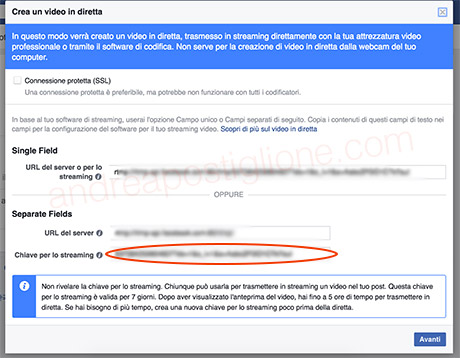Codice per lo streaming Facebook