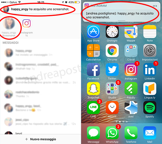 Notifiche screenshot su Instagram