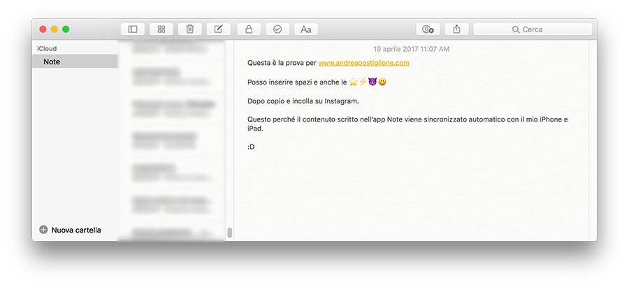 Note per la descrizione di Instagram