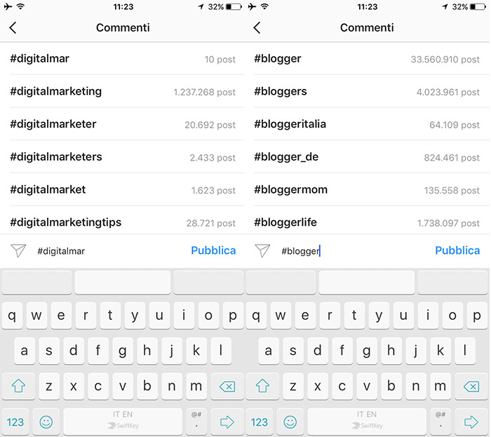 Suggerimenti degli hashtag su Instagram