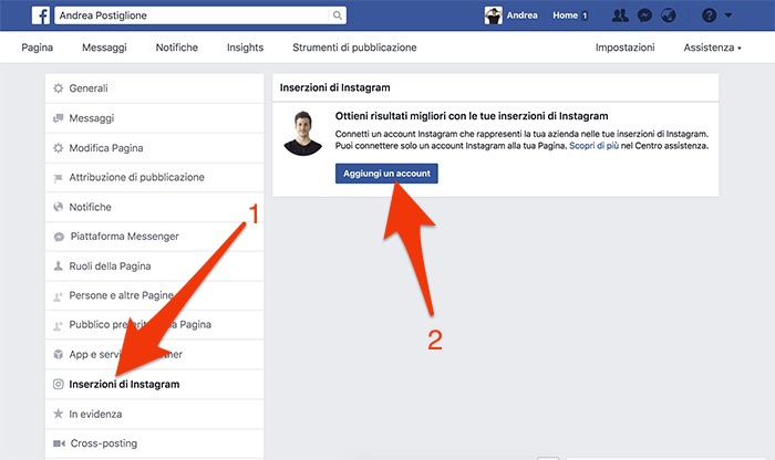 Aggiungere account Instagram su Facebook