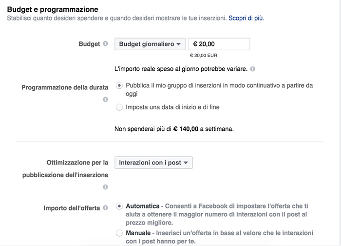 Budget e programmazione di Instagram Ads