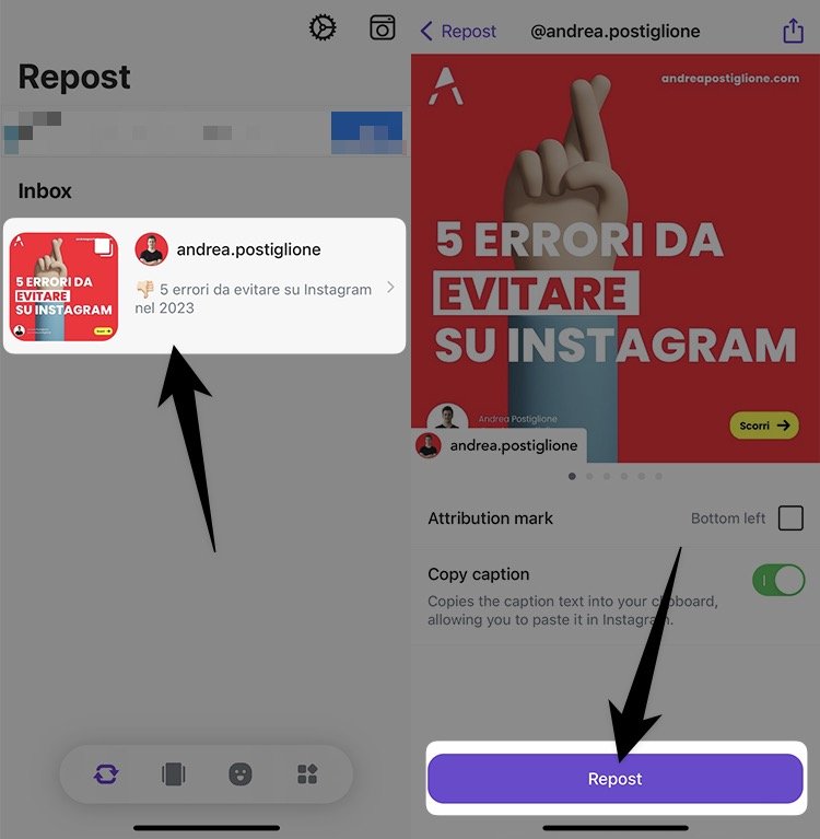 Effettua repost su Instagram da App