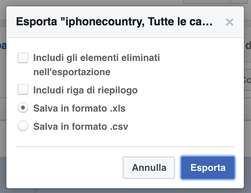 Esporta dati di Facebook Ads