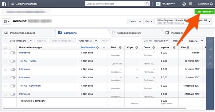 Gestione inserzioni di Facebook
