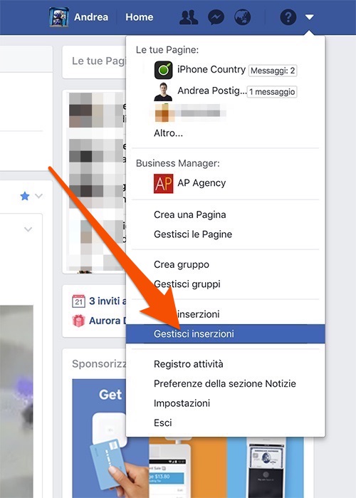 Menu del profilo di Facebook