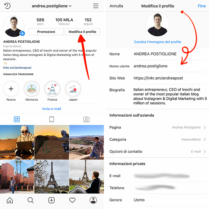 Modifica profilo Instagram