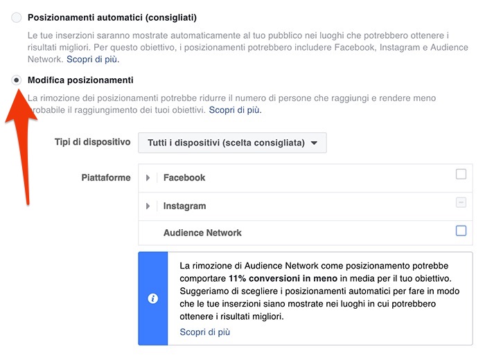 Modifica posizionamenti di Instagram Ads