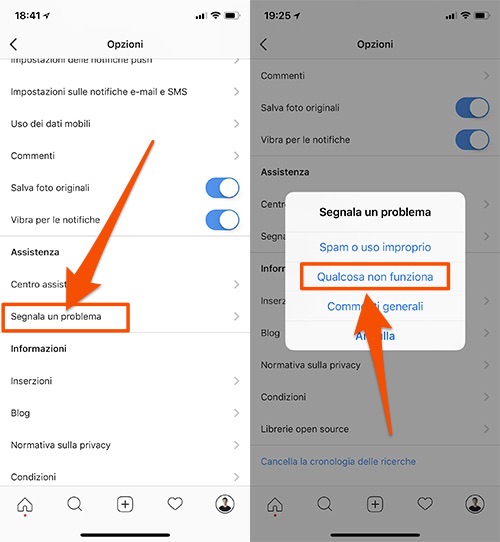 Segnala problema su Instagram