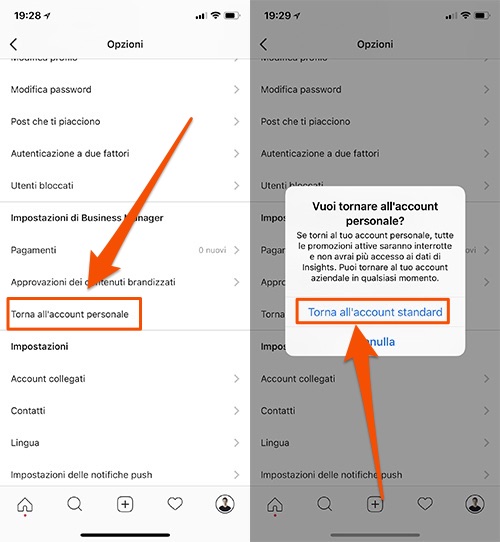 Torna account personale su Instagram