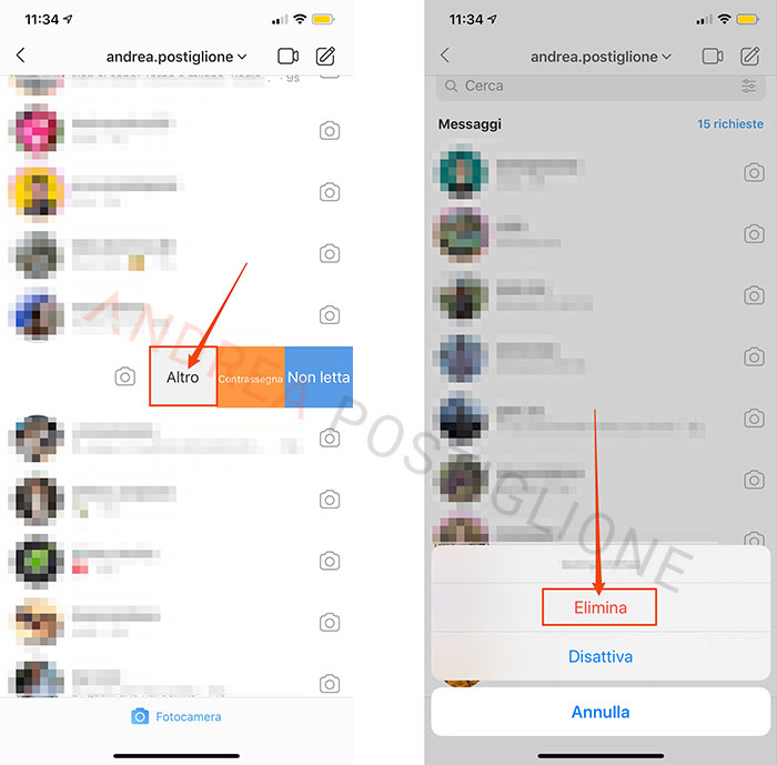 Elimina messaggi direct da Instagram