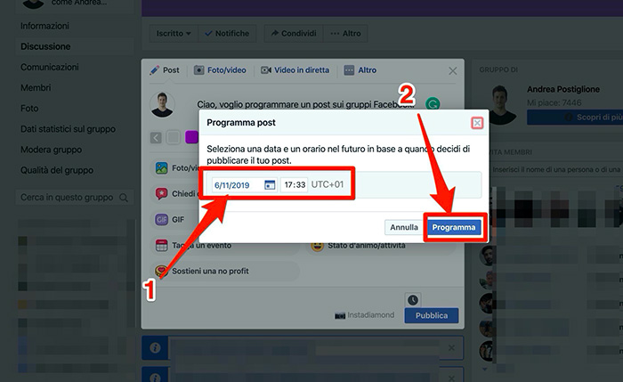 Data e ora dei post programmati sui gruppi Facebook
