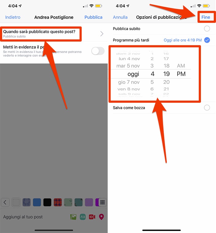 Programma orario e data Facebook da mobile