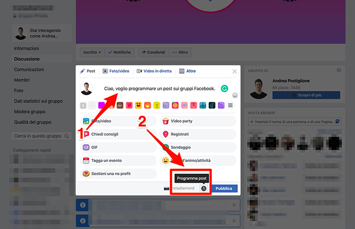 Prima fase per la programmazione post sui gruppi Facebook
