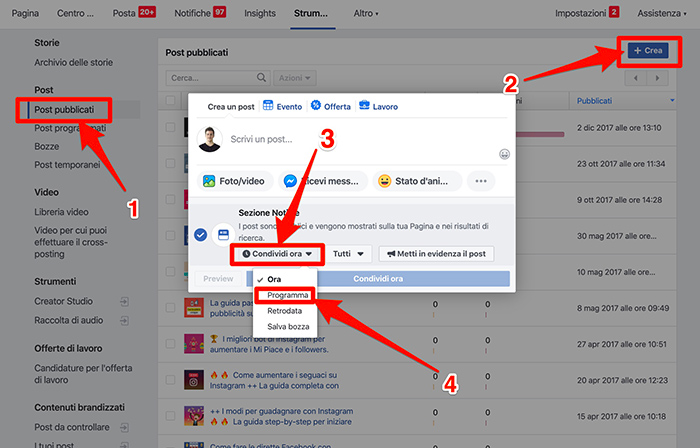 Procedura di programmazione post Facebook