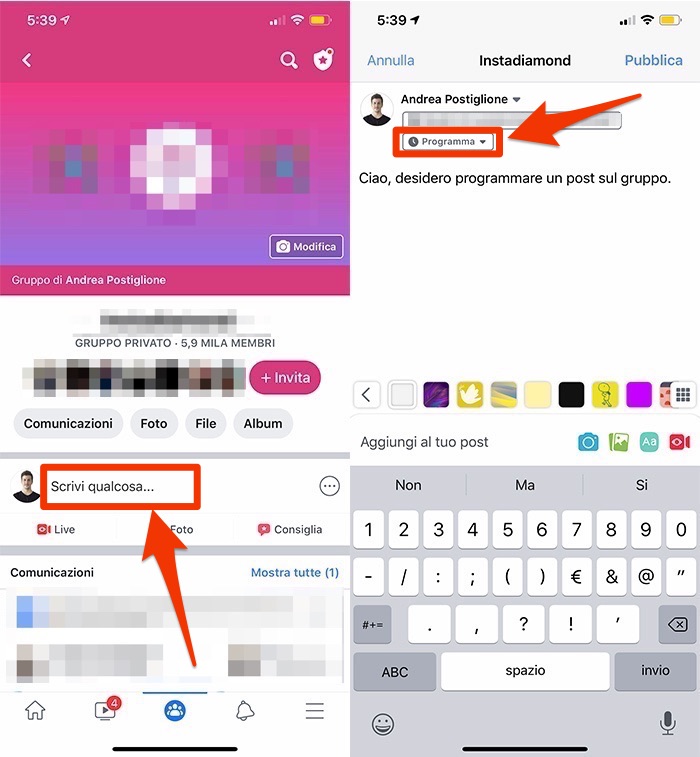 Programmare post sui gruppi Facebook da app mobile