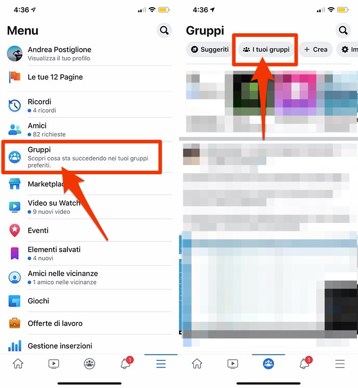 Seleziona gruppo da app Facebook