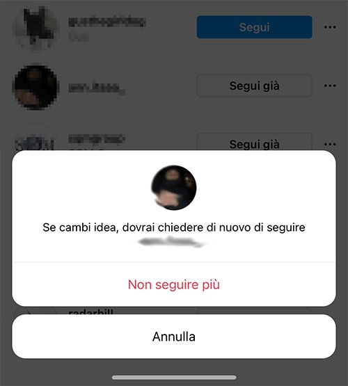 Conferma Unfollow Instagram