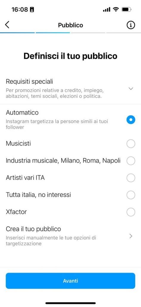 Definisci il pubblico su Instagram Ads