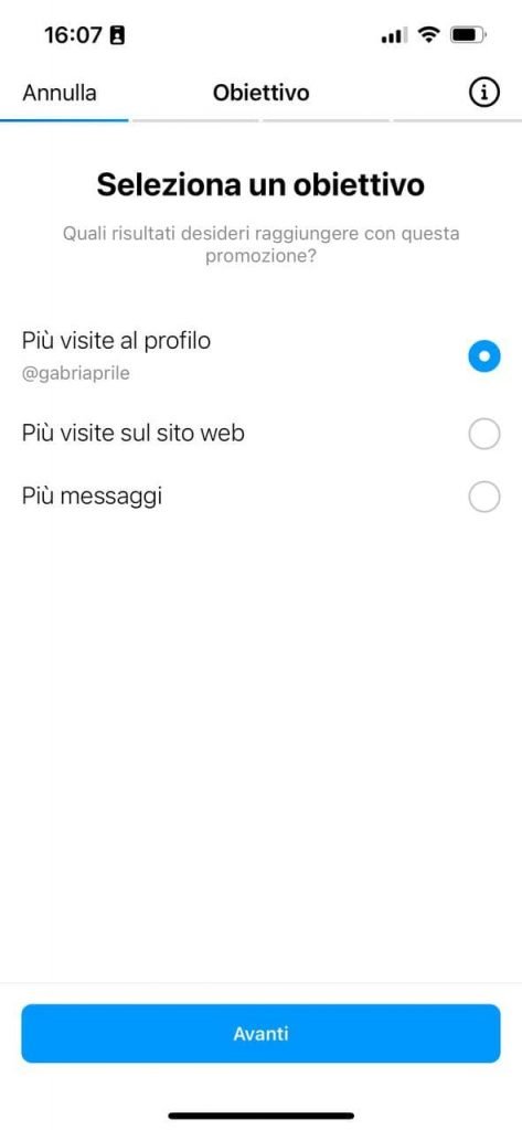 Seleziona profilo su Instagram Ads