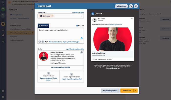 Programmazione post su Linkedin da Hootsuite