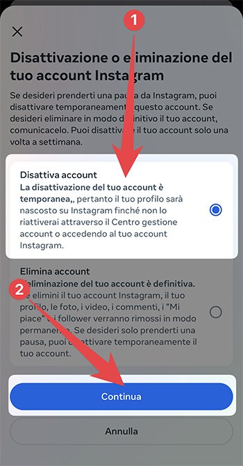 Disattivazione temporanea account Instagram