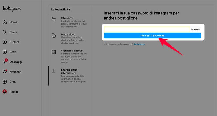 Richiedi download dei dati Instagram