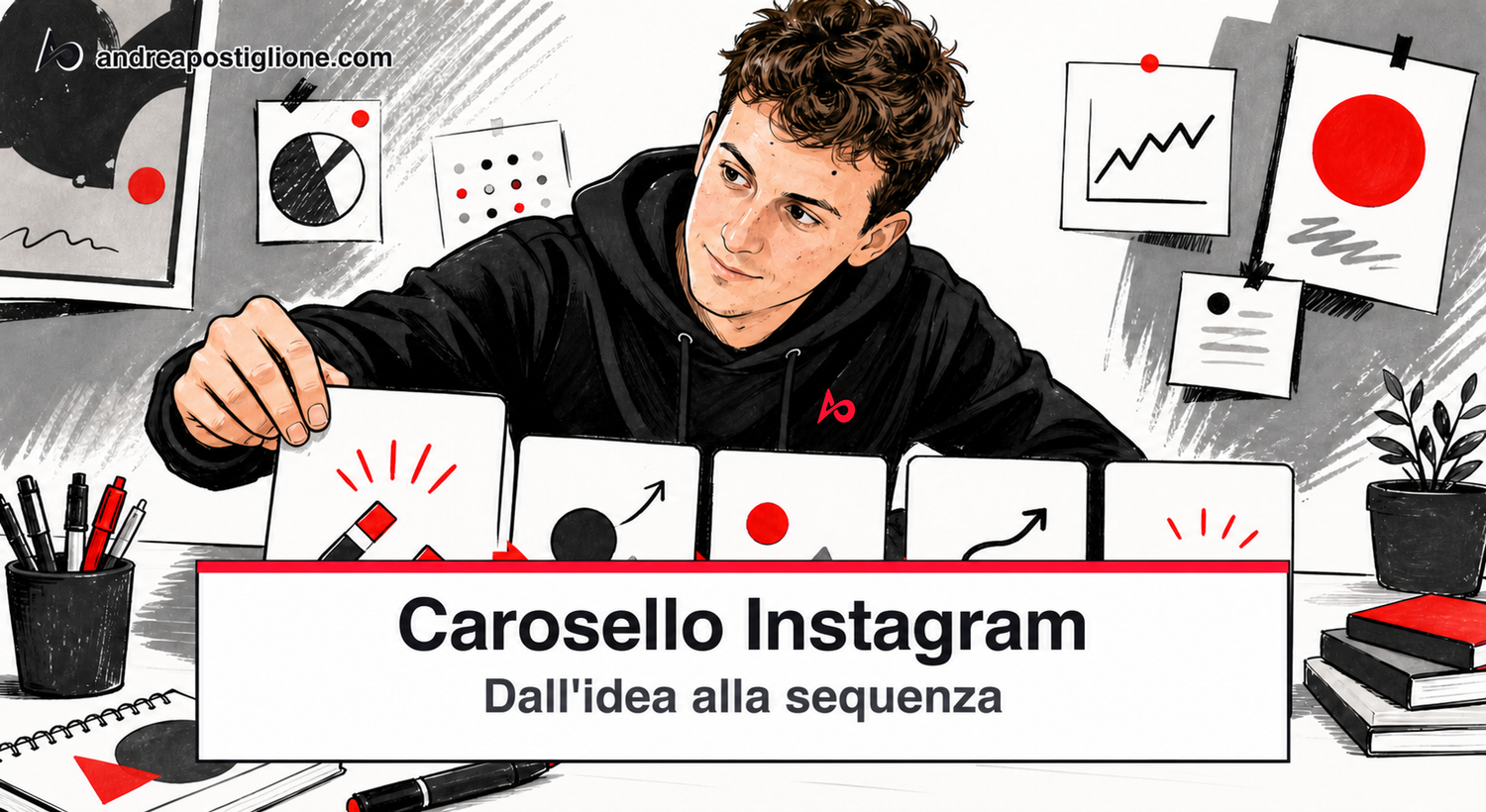Andrea organizza una sequenza di schede per progettare un carosello Instagram