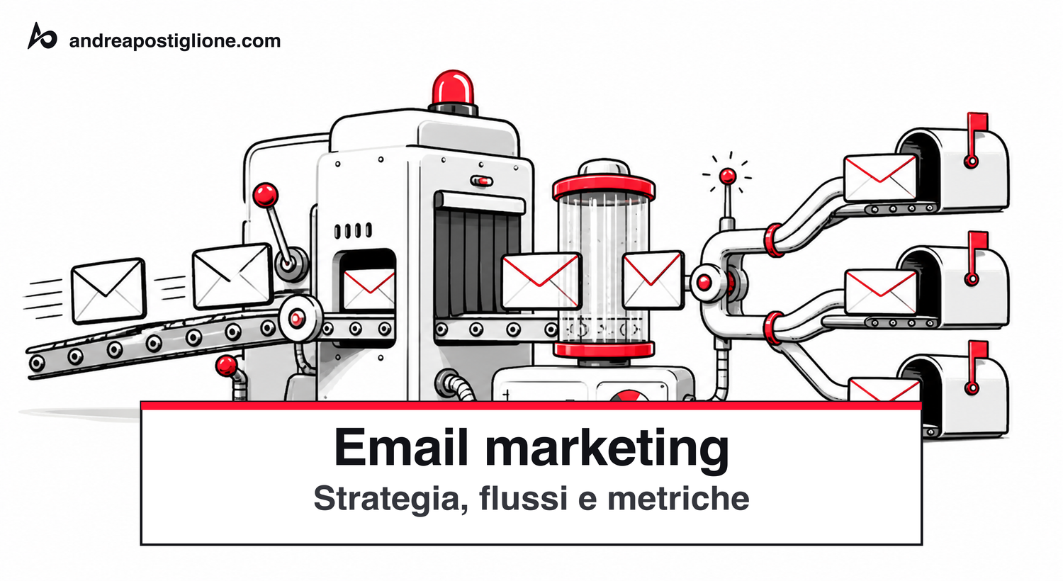 Un sistema illustrato organizza email, filtri, automazioni e risultati