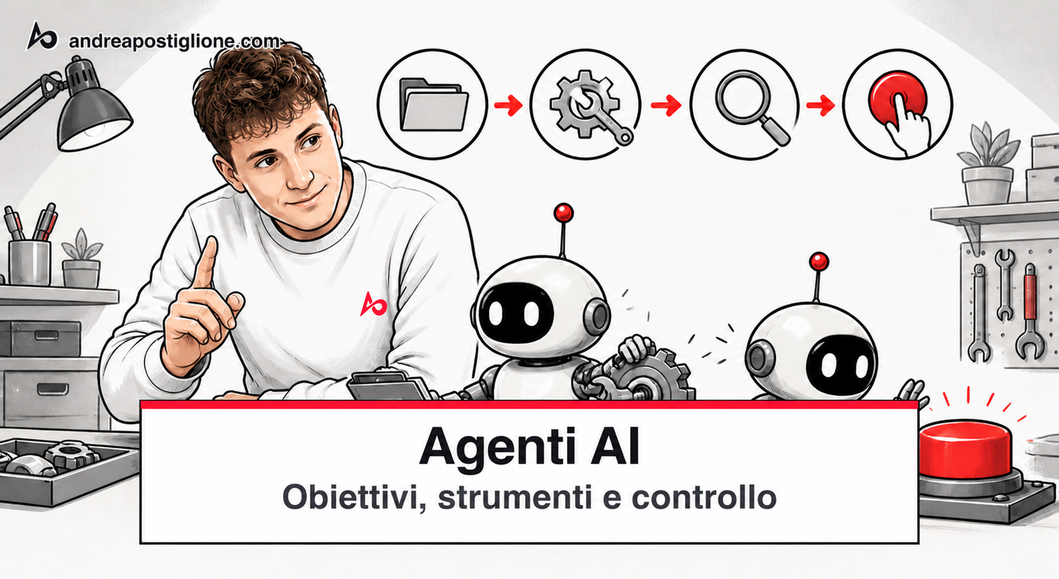 Andrea controlla due piccoli agenti AI mentre usano strumenti e chiedono approvazione