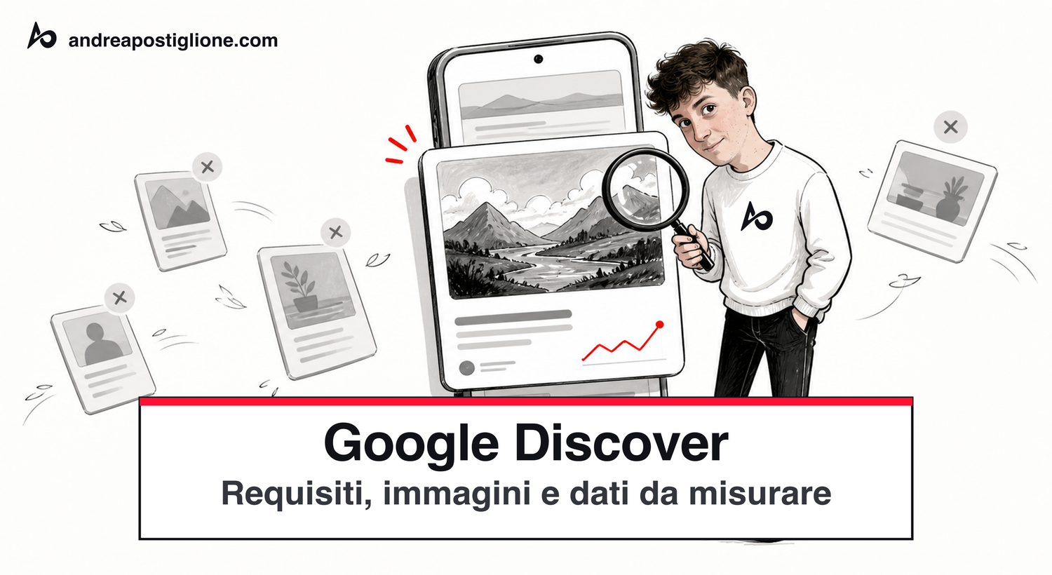 Andrea controlla una scheda di Google Discover con titolo, immagine e dati di rendimento